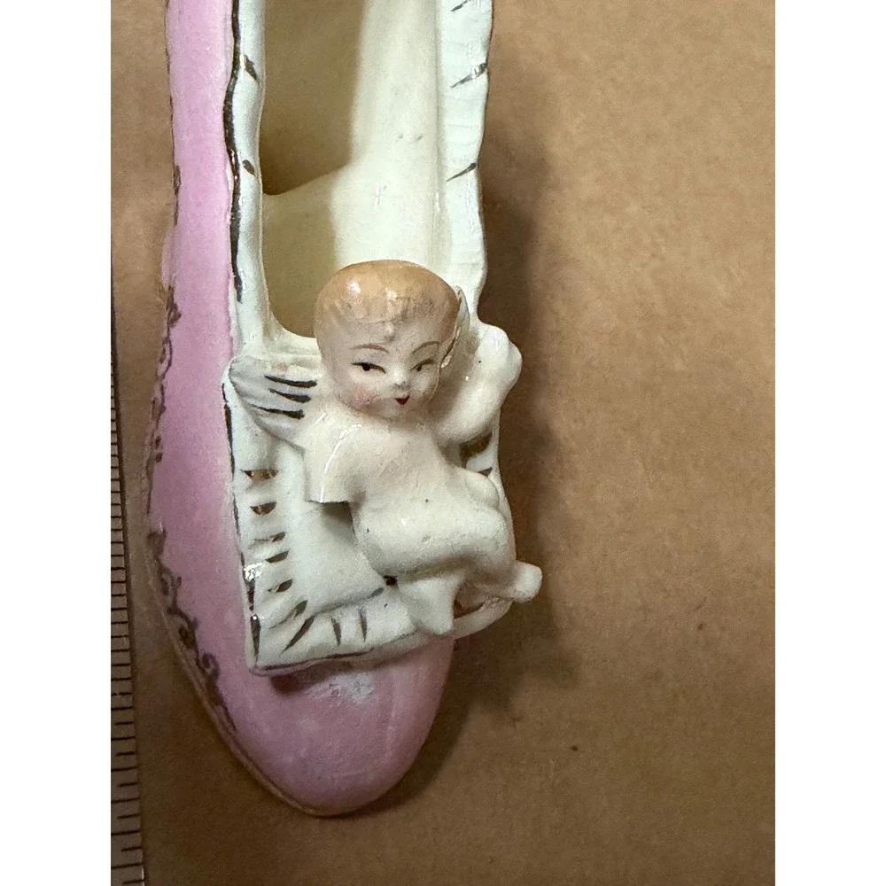 Vintage Moseco Japan Pink Ceramic Shoe Figurine with Cherub Angel Gold Gilt Trim